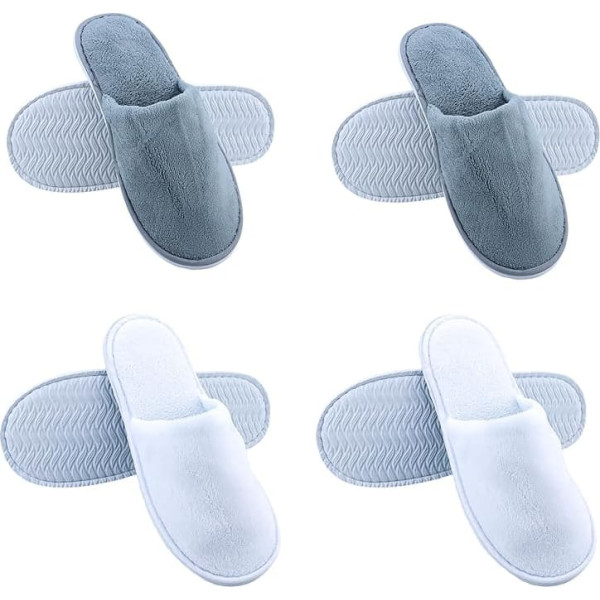 4 Pairs Hotel Slippers, Guest Slippers Set, Non-Slip Bathroom Washable Spa Slippers, Universal Size, Portable for Hotel Home Guest Men and Women (White & Grey)