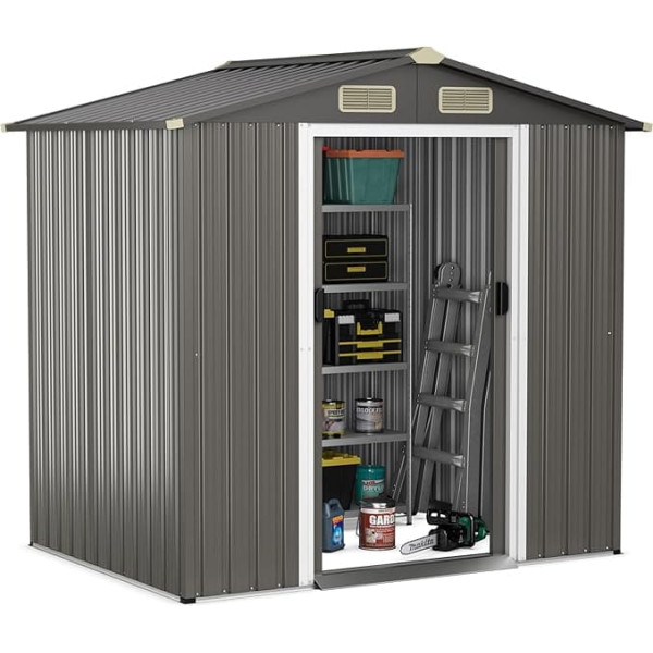 GOPLUS Metal Tool Shed 196 x 142 x 186 cm 3.68 m³ with Lockable Sliding Doors, 4 Vents & Pent Roof, Garden Shed Metal Shed, Outdoor Weatherproof