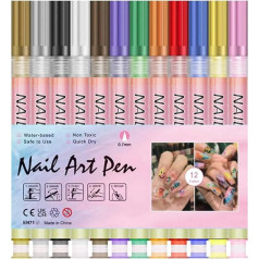 Nageldesign-Stifte, Nagelstifte, Set | 12 Farben Acrylfarbenmarker, Polnische Stifte | schnell trocknend und wasserdicht, feine Spitzen, Graffiti-Zeichenstich
