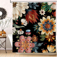 Boho Flowers Shower Curtain 180 x 200 cm Colourful Flower Bohemian Tropical Leaves Retro Bath Curtains Polyester Bathroom Curtain for Shower Bathroom Waterproof Machine Washable with 12
