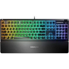 Steelseries Apex 3 spēļu tastatūra, ASV izkārtojums, vadu, melna Apex 3 spēļu tastatūra IP32 ūdensizturīga aizsardzībai pret noplūdēm, pielāgojama 10 zonu RGB apgaismojuma reakcija uz spēlēm un Discord, klusa spēļu režīma slēdži ilgst