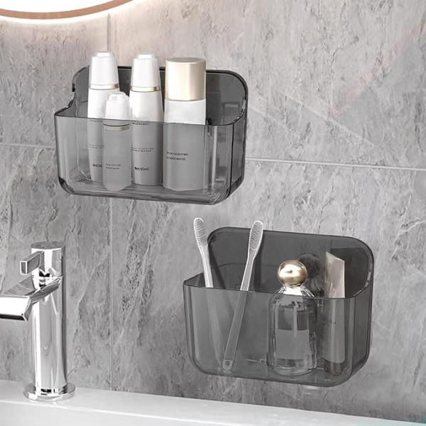 ANRUI Shower Shelf, No Drilling, Pack of 2 Acrylic Shower Shelves, Wall Mounted, Bathroom Shelf Organiser, Shampoo, Shower Gel Holder for Shower, Shower Basket, No Drilling for Bathroom, Kitchen, Grey Small Basket