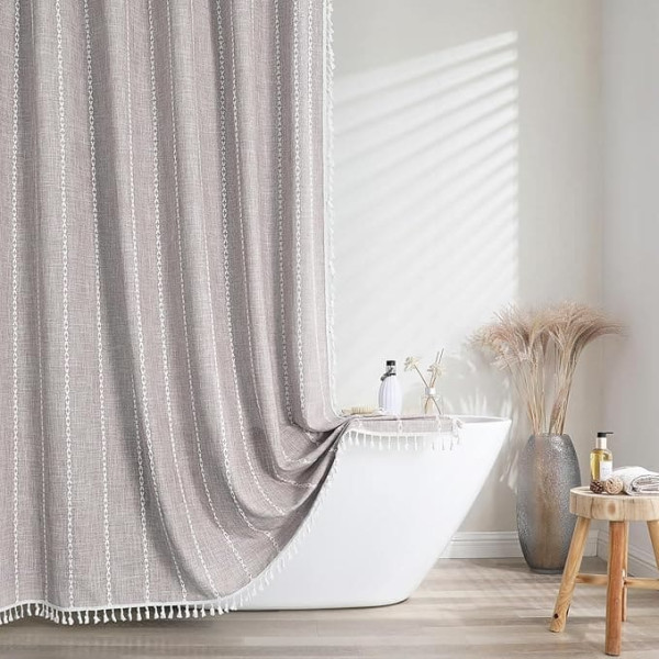 meioro Striped Shower Curtain Boho Farmhouse Shower Curtains, Linen Woven Fabric Textile Shower Curtain Set with 12 Hooks, Waterproof Rustic Bohemian Shower Curtain for Bathroom (Grey, 183 x 213 cm)