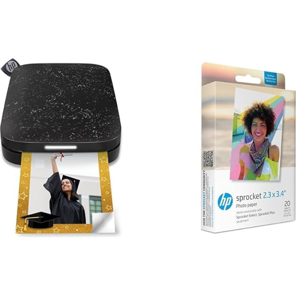 HP Sprocket Portable 5 x 7.6 cm Instant Image Printer (Black) Sprocket 5.8 x 8.7 cm Premium Zinc Sticker Photo Paper (20 Sheets) Compatible Sprocket Select Photo Printers