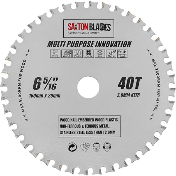 Saxton TCT16040TMPT Multi Purpose Circular Saw Blade 160mm x 40T x 20mm Bore (16mm Ring) Wood and Metal Fits Festool, Bosch, Dewalt etc