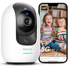 BOTSLAB 5MP Indoor Surveillance Camera, 3K Baby Monitor with Camera, 2.4 GHz / 5 GHz WLAN IP Camera with Motion Detection & AI Person Detection, Night Vision, 2-Way Audio, Dog Camera, Compatible with Alexa