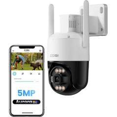 ZOSI 5MP Wi-Fi 6 Aurora Lux Outdoor Surveillance Camera, 360° Pan & Tilt WLAN Camera with AI Person/Vehicle Detection, Full Colour Night Vision, C296A