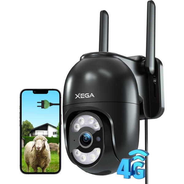 Xega 4G LTE Surveillance Camera with SIM Card, Wired, 24/7 Continuous Recording, 2K Automatic Tracking, Surveillance Outdoor Camera Without WiFi, Motion / Human Detection (No WiFi)