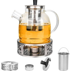 1.5 L Teapot with Strainer Insert and Warmer, Borosilicate Glass Teapot with Strainer Insert Teapot Glass with Stainless Steel Tea Cosy for Loose Tea All Tea Types Tea Bags