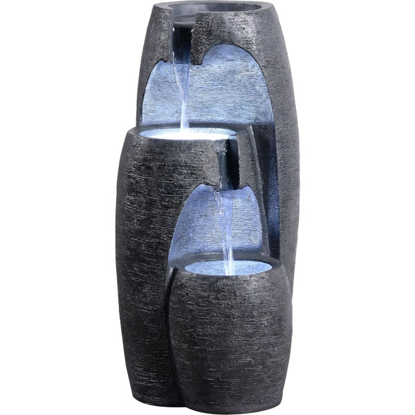 Teamson Home Garden Outdoor Fountain Modern 3-Tier Cascade Urn Fountain with LED Lights, Adjustable Flow, Black Stone Effect Finish
