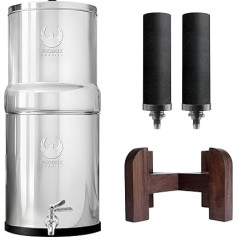 Phoenix Gravity 6 Litre Gravity Powered Stainless Steel Drinking Water Filter & Cleaner with 2 Phoenix Carbon Water Filter Cartridges, Stainless Steel Tap and Water Bottle with Teak Stand