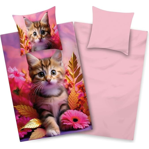 Aminata kids Cat Bed Linen 135 x 200 cm Cotton Girls Reversible Children's Bedding Set Cat Motif Cat Baby YKK Zip Pink