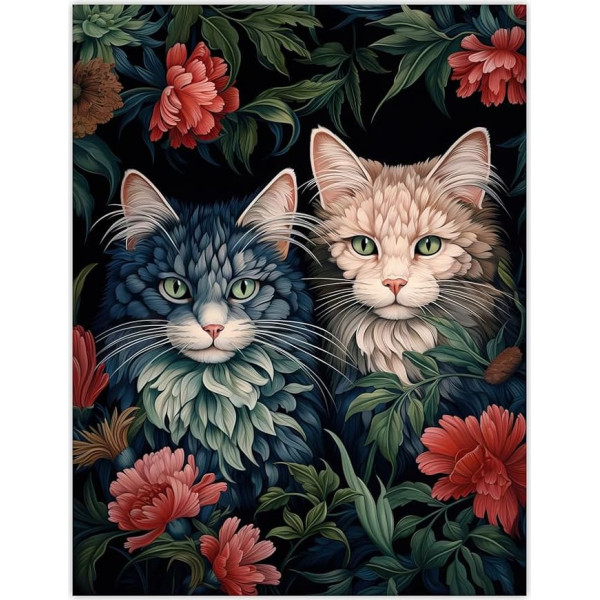 Artery8 Cat Flowers Blend White Grey Blue Cats Red Flowers Floral Design Illustration Unframed Wall Art Print Poster Home Decor Premium