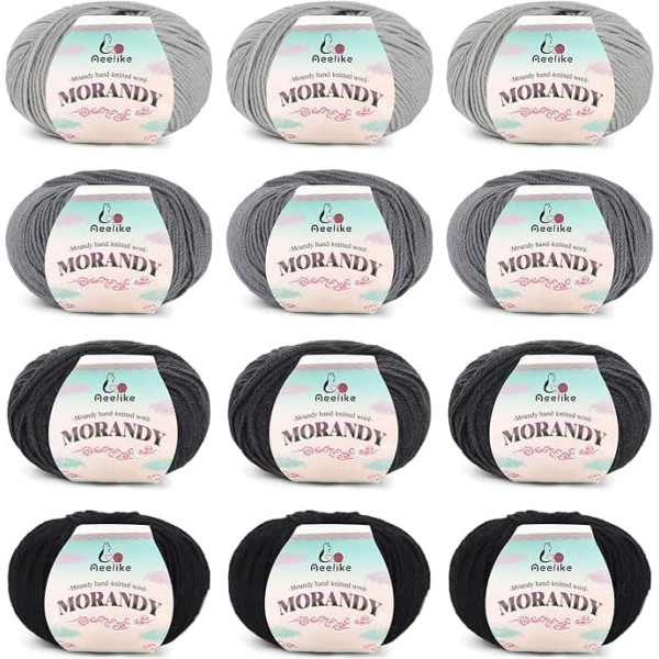 Aeelike Merino Wool Yarn for Knitting - 12 x 50 g Soft Merino Yarn for Crochet Warm Socks, Hats, Blankets, Scarves, Clothing - Black Grey Series - Knitting Wool Set for Beginners