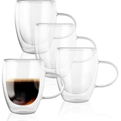 Doppelwandige Kaffeetassen aus Glas, 350 ml, 4er-Set, Glasbecher für heiße Getränke mit Griffen, Doppelgläser, Kaffeetassen, 350 ml, für heiße Getränke, Tee, Milch, Saft, Eis, Teebeutel