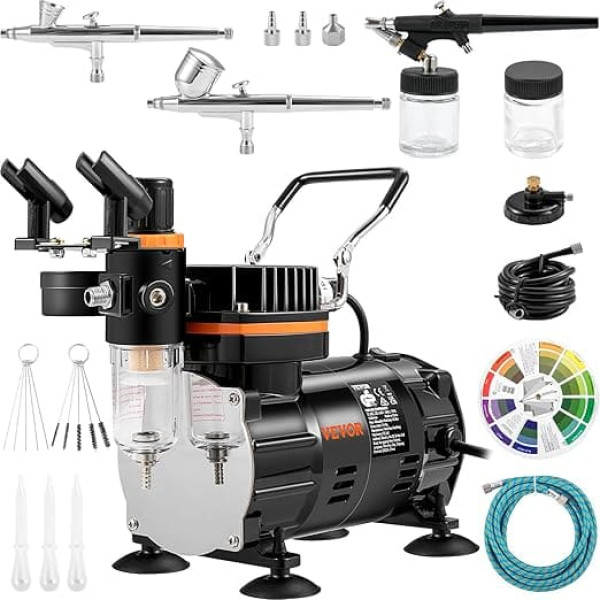 VEVOR Professional Dual Action Airbrush Spray Gun Set 18-23 L/min 120 W, 220 V Mini Airbrush Air Compressor Gravity, Paint Gun for Advertising Illustrations, Body Painting, Model Making, Nail Design