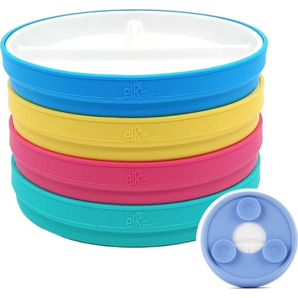 Elk and Friends White Porcelain Kids Plate with Silicone Suction Cups Divided Baby Kids Microwave Dishwasher Safe Non-Slip Snack Tableware Size 17cm