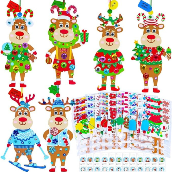Winlyn 24 Sets Christmas Craft Kits Winter Craft Kits DIY Reindeer Ornaments Decorations Festive Foam Stickers Christmas Arts and Crafts for Kids Holiday Party Favors