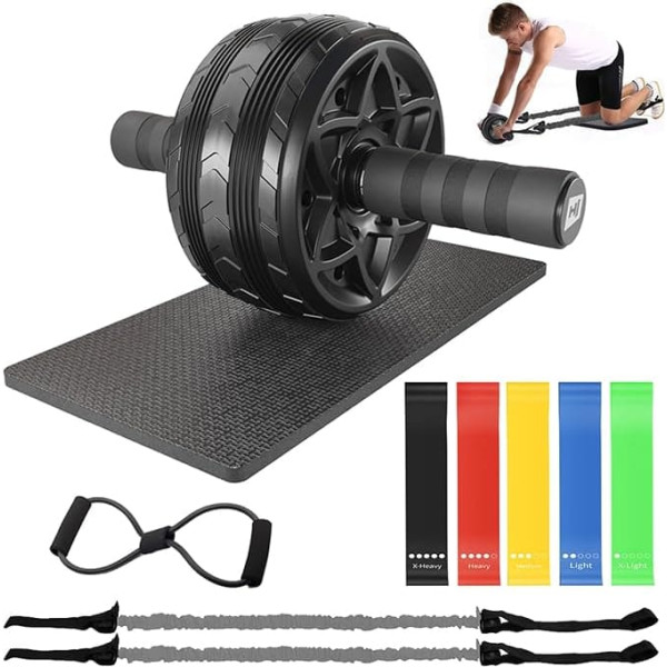 Abdominal Trainer for Home Calisthenics Equipment Abdominal Roller ab Roller, Abdominal Roller Ab Wheel Fitness Sports Equipment with Fitness Band, Yoga Strap and Knee Mat