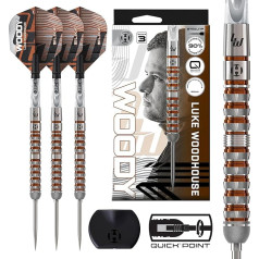 Harrows Luke Woodhouse Woody 90% Tungsten Darts, Series 3 Steeltip Darts Set with Quick Point System, Available in 21g, 23g & 25g with Quick Point Tool, Clear C-360 Shafts & Silika Flights