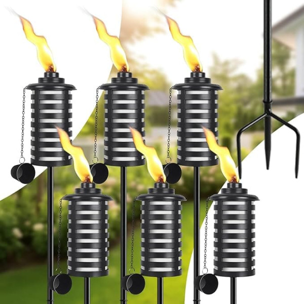 Citronella Outdoor Torches, Pack of 6, White, 453.6 g Outdoor Garden Torches with 3 Prong Ground Spike, 59 Inch Metal Torch for Garden Decoration, Outdoor Torches for Backyard, Garden