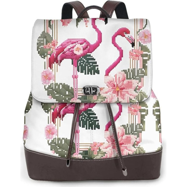 Flamingo Bird Round Leaves – Stilvoller Damen-Leder-Rucksack – Premium-Echtes, geräumiges Design mit mehreren Taschen für Arbeit, Reisen und Schule, Schwarz , One size