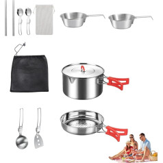 Cooking Set for Backpacking - Stainless Steel Survival Equipment Including Cutlery - Camping Pan Set with Carry Bag | For Kitchen, Garden, Picnic, Hiking, Fishing, Backpacking and Travel
