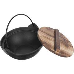 Cabilock Japanese Cast Iron Hanging Top with Wooden Lid, Robust Camping Soup Pot, Outdoor Cookware for Campfire, Durable and Easy to Clean Dutch Oven for Picnic and