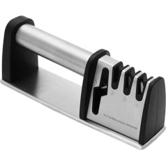 Ergonomic Stainless Steel Knife Sharpener, Quick Sharpener with Non-Slip Handle for Kitchen Knives and Scissors, Safe Household Sharpener for Right and Left-Handed Users