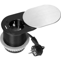 Mēbeles kontaktligzda ?6cm, iebūvēta galda virsmā ar bīdāmu vāciņu, USB lādētājs un kabelis 1,9m, 1x2P+Z (Schuko), 2xUSB (A+C tips; PD20W), sudraba krāsā