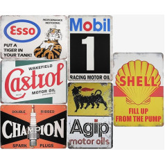 Set of 6 Vintage Metal Signs (20 x 30 cm) Tin Signs - Retro Wall Decoration for Garage, Workshop, Bar | Classic Automotive Wall Art