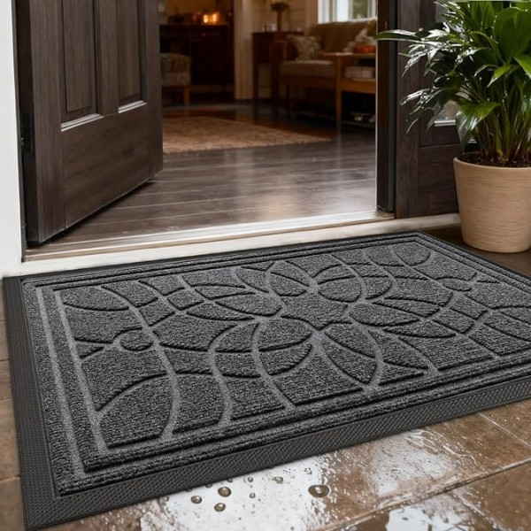 DEXI Outdoor Doormat, Non-Slip 60 x 90 cm, Dirt Trapper Mat, Washable, Weatherproof Indoor Door Mat for Front Door, Balcony or Patio Door, Grey