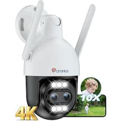 Ctronics [10x Hybrid Zoom 4K Surveillance Camera Outdoor Dual Lens, Metal WLAN Camera 2.4/5GHz, Car Track/People/Vehicle/Animal Detection, FTP & NVR, 256GB TF/Cloud/PC, Colour Night Vision, IP66