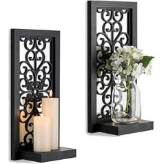 Gothic Candlestick Mirror Wall Decoration - Black Halloween Art Mirrored Wall Candle Holder Decorative Set of Two Wooden Vintage Small Hanging Shelves for Farmhouse Living Room Kitchen