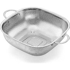 Herogo Stainless Steel Strainer 24cm Square Metal Kitchen Strainer with Handle Micro Perforated Strainer for Draining Food, Pasta, Fruits, Vegetables, Smooth Edge and Raised Feet