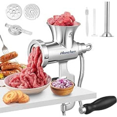 Hanchen Manual Meat Mincer Stainless Steel No. 5 Meat Grinder Biscuit Hand Meat Grinder with Sausage Filler Manual Meat Machine with 8 mm and 4.5 mm Cutting Plates