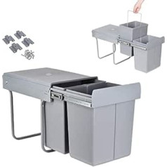 Pull Out Kitchen Waste Bin 20L + 20L Recycled Kitchen Cabinet Trash Can with Lid Waste Containers with Two Compartments for Rubbish Garbage Sorting Fixable Base 480 x 342 x 418 mm Grey
