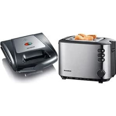SEVERIN Sandwich Toaster, 3-in-1 Function (Sandwich, Grill, Waffle Plate), 1,000 W, SA 2968, EDS-geb./ Black & Automatic Toaster, Includes Bun Roasting Attachment, 850 W, AT 2514, Stainless