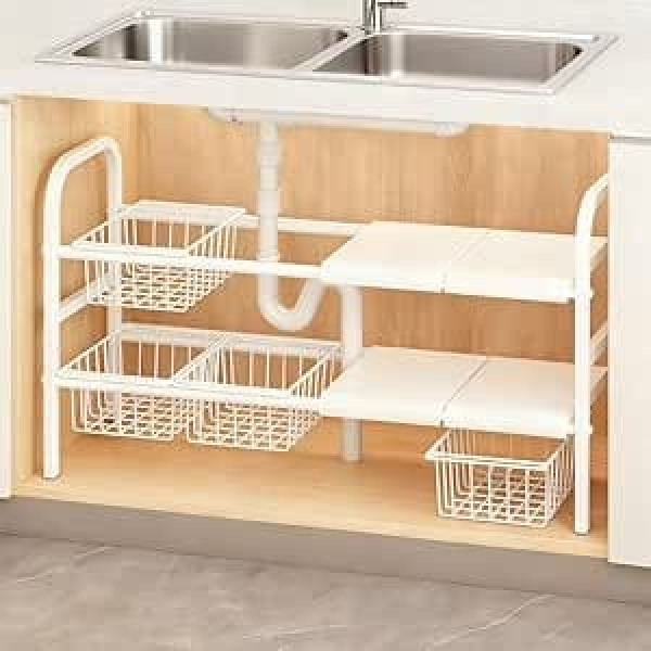 CEWROM Sink Organiser, 2-Tier Expandable Kitchen Organiser, with 4 Removable Baskets and 4 Removable Panels, Organiser System for Kitchen, Household & Living (White)
