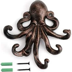 BSTKEY Cast Iron Bronze Decorative Wall Hook with 5 Tentacles, Rustic Towel and Key Holder (Bronze and Red)
