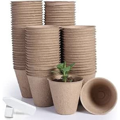 JERIA 100 Pieces 3.5 inch Peat Pots Plant Starters for Seedlings with 100 Pieces Plant Labels, Garden Germination, Nursery Pots, Biodegradable Seed Starter Pots Kits