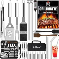 BBQ Barbecue Cutlery Set 30 Barbecue Accessories Made of High-Quality Stainless Steel Barbecue Tongs Grill Spatula Corkscrew Grill Set with Grill Case and Grill Mat for Men Gift for Garden