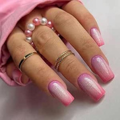Quadratische Kunstnägel – 24 Stück rosa Kunstnägel mit Kleber – glänzende Kurze Aufdrücknägel – Aufklebbare Nägel mit French Tip – Vollflächige Abdeckung der Nägel, Nage