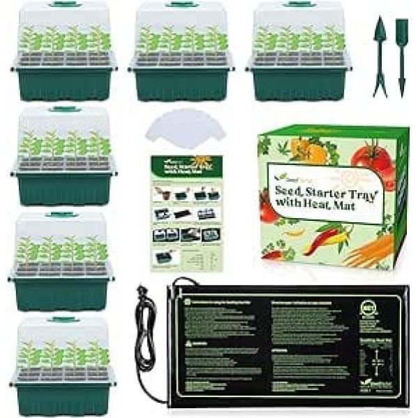 Seedfactor Pack of 7 Seed Starter Tray with Heat Mat (12 Cells per Tray), Plant Germination Trays with Adjustable Humidity Dome Seed Trays Seedling Starter with Base Trays for Germination
