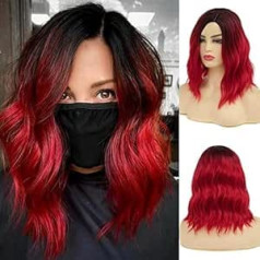 Baruisi Ombre Red Short Curly Wavy Bob Wigs for Women Synthetic Dark Roots Side Part Cosplay Wig