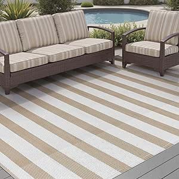 Outdoor Waterproof Patio Rug 6 x 9 Inch Plastic Straw Reversible Lightweight Outdoor Beige Striped Large Rug Outdoor Camping