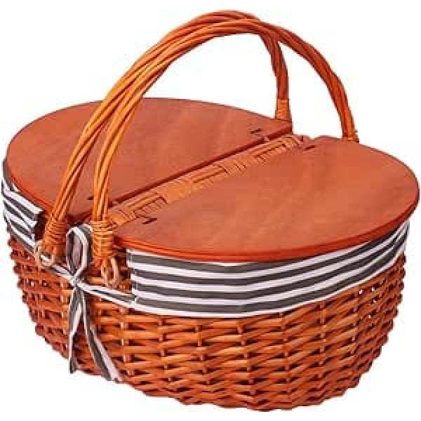 Weiden-Picknickkorb mit Einsatz und geteiltem Holzdeckel – Vintage-Picknickkorb aus Weide mit klappbarem gewebtem Griff, Picknickkorb mit Deckel – ideales Outdoor- und Picknickzubehör