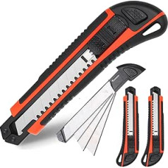 REALTEK Set of 3 Cutter Knives with 12 Carbon Steel Blades 18 mm, Professional Cutter Knife, Snap Off Blade, Cardboard Knife, Multi-Purpose Knife, Utility Knife