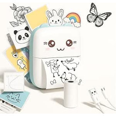 Mini Mobiler Thermodrucker mit Bluetooth, kompatibel mit Android und iOS, monochromer Druck, ohne Tinte, inklusive 1 Rolle Thermopapier für Fotos und Etiketten, Blau