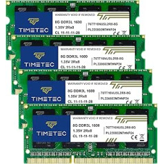 Timetec 32GB KIT (4x8GB) DDR3L / DDR3 1600 MHz (DDR3L-1600) PC3L-12800 / PC3-12800 Non-ECC Unbuffered 1.35 V/1.5 V CL11 2Rx8 Dual Rank 204 Pin SODIMM Laptop Notebook PC Computer RAM